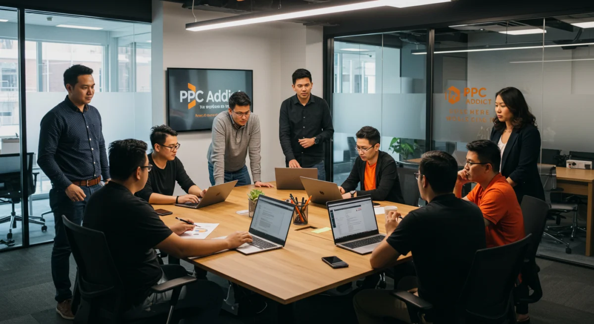 Marketing team meeting around a conference table reviewing campaigns
